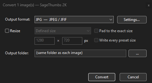 The SageThumbs 2K Convert dialog: output format, resize, per-format quality and output-folder options