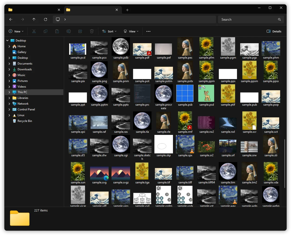 A Windows 11 File Explorer window filled with colourful thumbnails generated by SageThumbs 2K