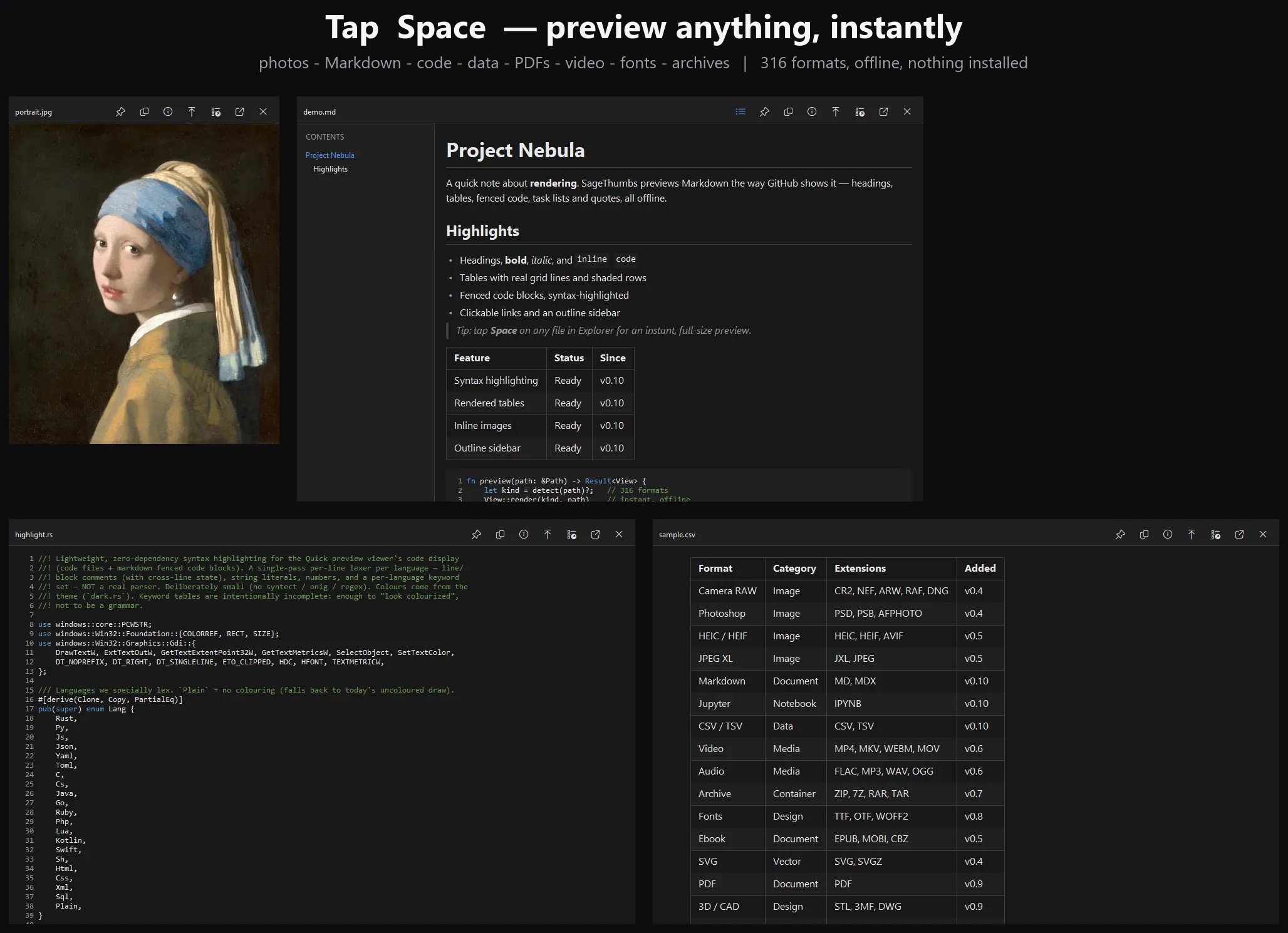 The SageThumbs 2K Quick preview, opened by pressing Space in Explorer, showing a playing video, a syntax-highlighted source file, a rendered Markdown document and images side by side
