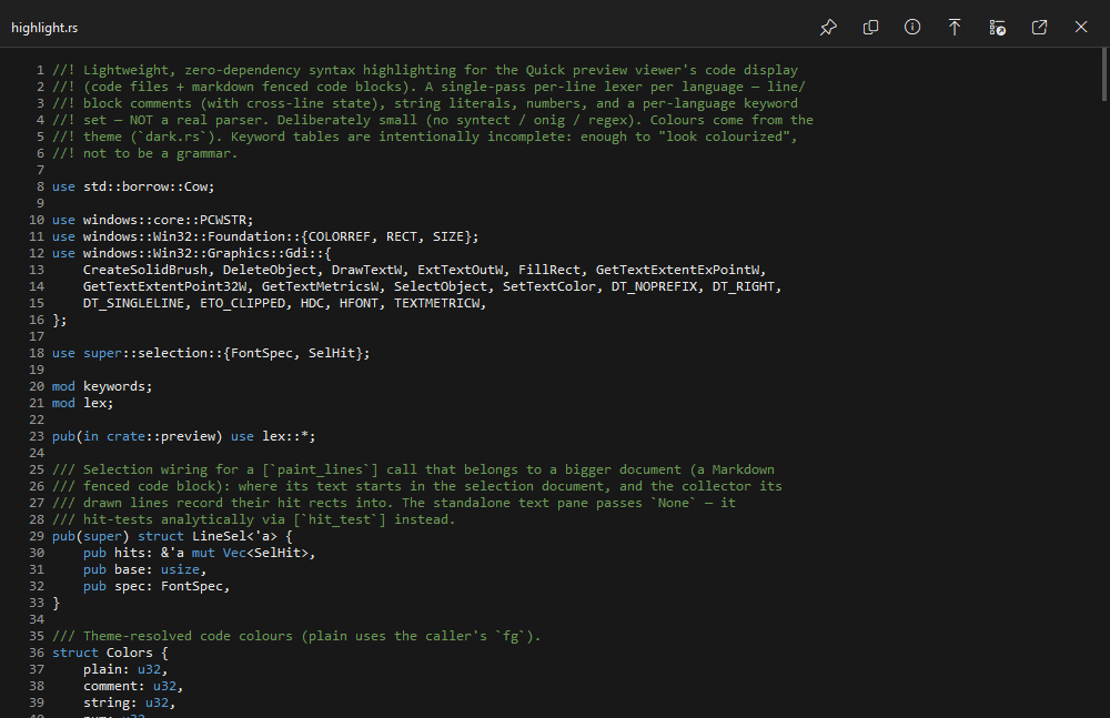 The SageThumbs 2K Quick preview showing a Rust source file with syntax highlighting, line numbers and the caption toolbar