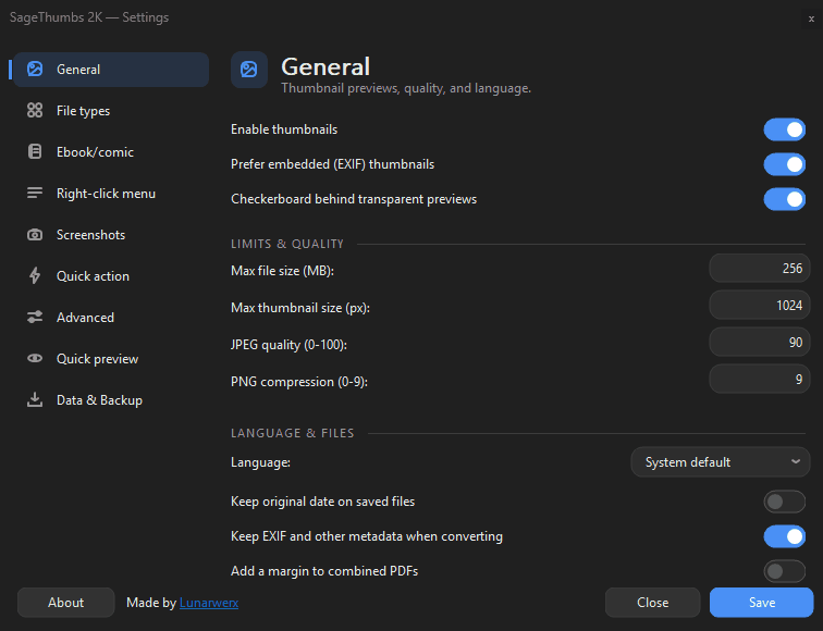 The SageThumbs 2K Settings window cycling its category tabs: a Win11-style nav rail, toggle switches, and system-following dark mode